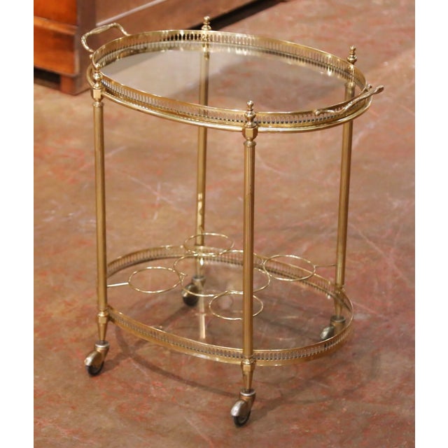 Mid 20th Century Mid-Century French Brass and Glass Two-Tier Bar Cart With Removable Tray For Sale - Image 5 of 9