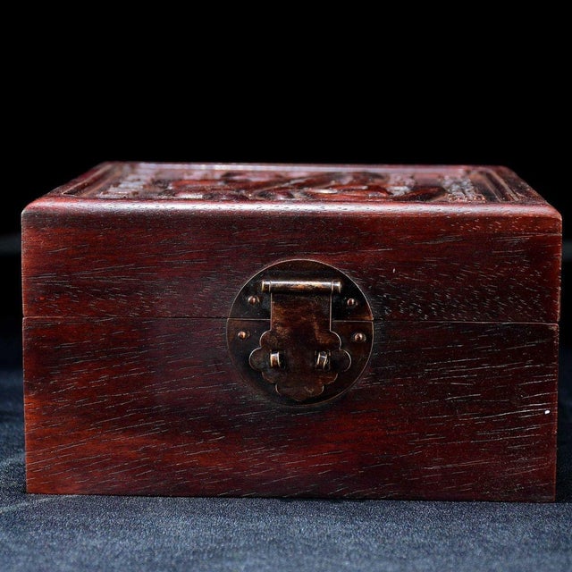Vintage Carved "Hundred Blessings" Red Sandalwood Jewelry Box / Keepsake Chest For Sale - Image 9 of 10