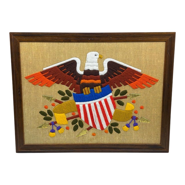 Vintage Americana Folk Art Eagle Crewel Art Framed For Sale