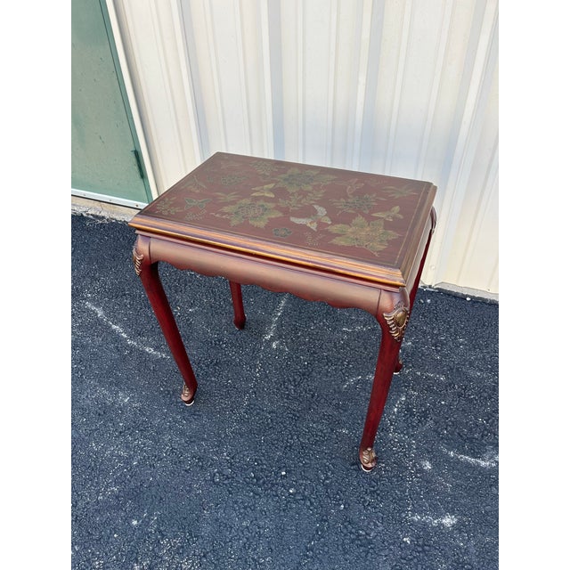 Chinoiserie Red Lacquer Floral Relief Side End Table For Sale - Image 11 of 12