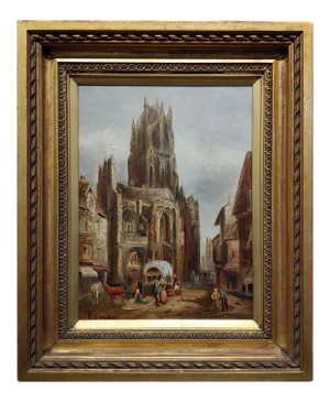Henri Schafer -Gothic Old Town Street Market-19th Century Oil Painting
