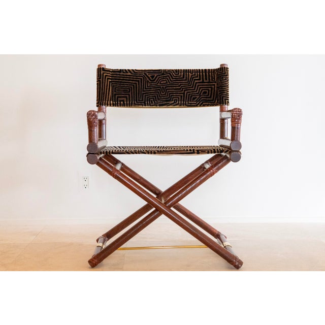 Wood 1970s McGuire Director’s X-Chair in Geometric Velvet Jacquard For Sale - Image 7 of 11