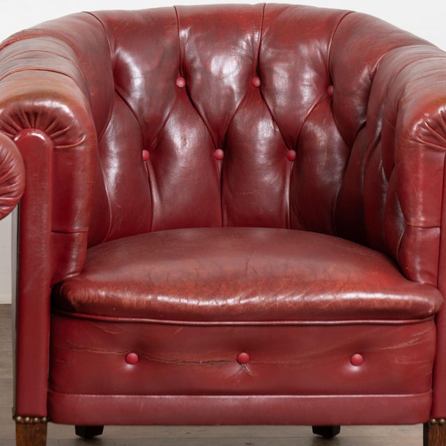 Traditional Pair of 20th Century Danish Red Vintage Leather Barrel Back Club Chairs For Sale - Image 3 of 12