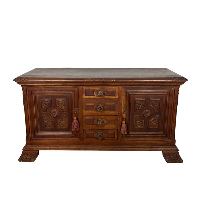 Vintage Spanish Renaissance Style Low Sideboard in Oak with Carved Panel, 1920 For Sale - Image 13 of 13