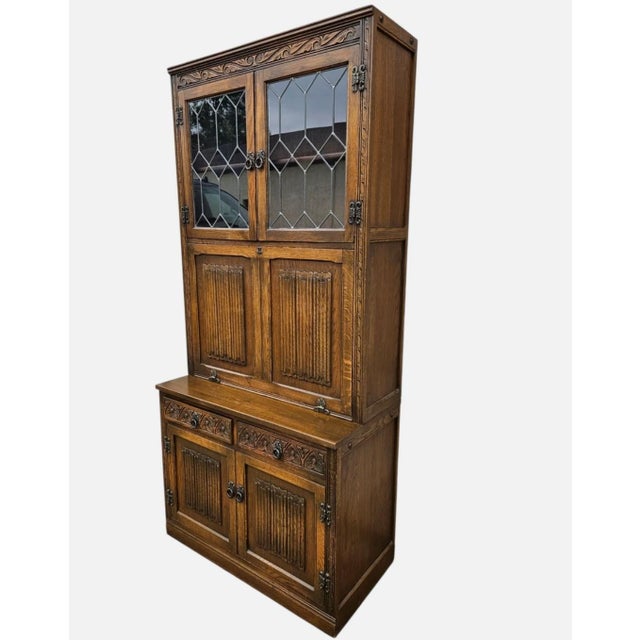 Wood Vintage Oak Wood Bros Desk Cabinet Tudor Hutch Bookshelf Old Charm Leaded Glass For Sale - Image 7 of 16