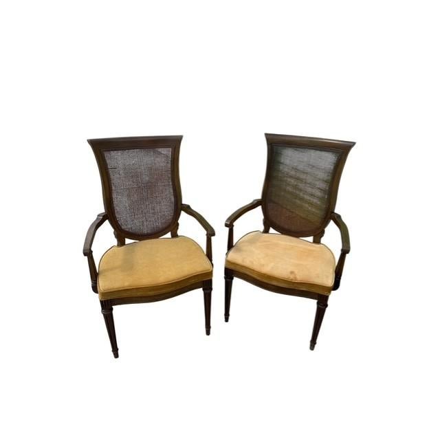 Neoclassical Pair of Vintage French Regency Cane Back Armchairs With Original Harvest Gold Upholstery For Sale - Image 3 of 7