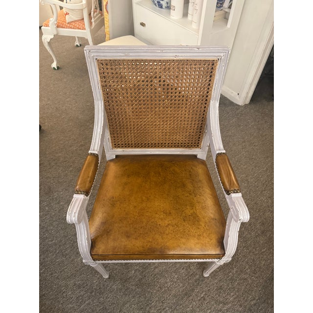 Villa and House armchair, tobacco leather Louis the 16th style. Excellent condition. No makers mark