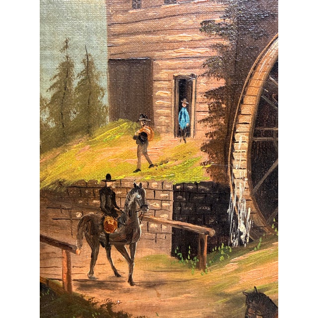 19th Century Watermill Oil Painting Landscape With Horses and Riders For Sale - Image 4 of 5