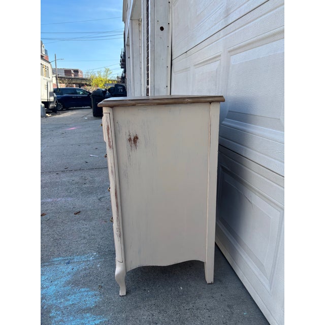 Distressed Farmhouse Dresser | French Provincial Chest | Painted Cottage Dresser |Rustic White Wood Dresser | Vintage Bedroom Furniture For Sale - Image 4 of 12