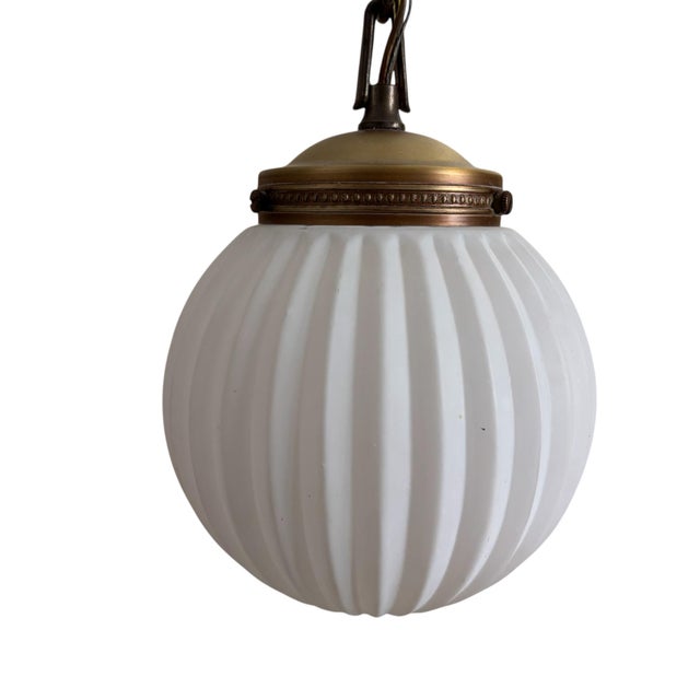 1950s Art Deco MCM Brass Gold Ribbed Round Frosted White Globe Pendant Lights Fixtures - A Pair For Sale - Image 11 of 12