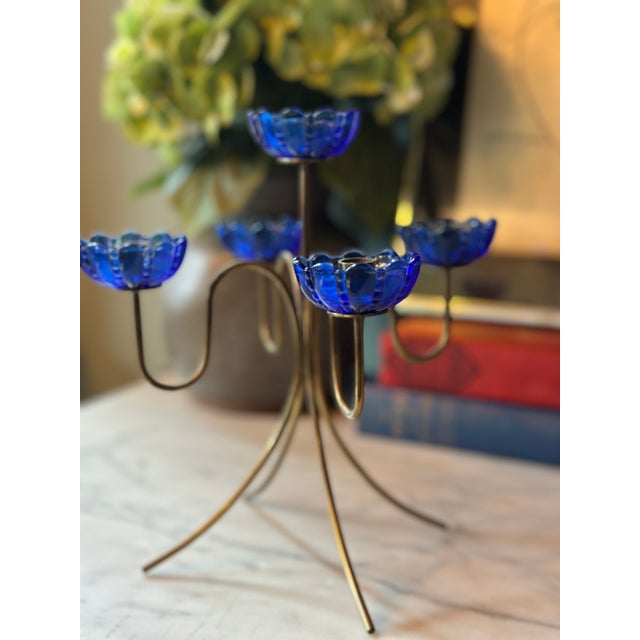 Mid-Century Modern MCM Gunnar Ander for Ystad-Metall 5-Light Brass & Cobalt Blue Glass Flower Candelabra For Sale - Image 3 of 5
