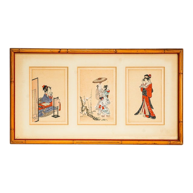 Vintage Japanese Woodblock Style Prints Framed Art Triptych With Bamboo Frame Asian Home Decor For Sale