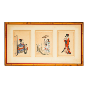 Vintage Japanese Woodblock Style Prints Framed Art Triptych With Bamboo Frame Asian Home Decor