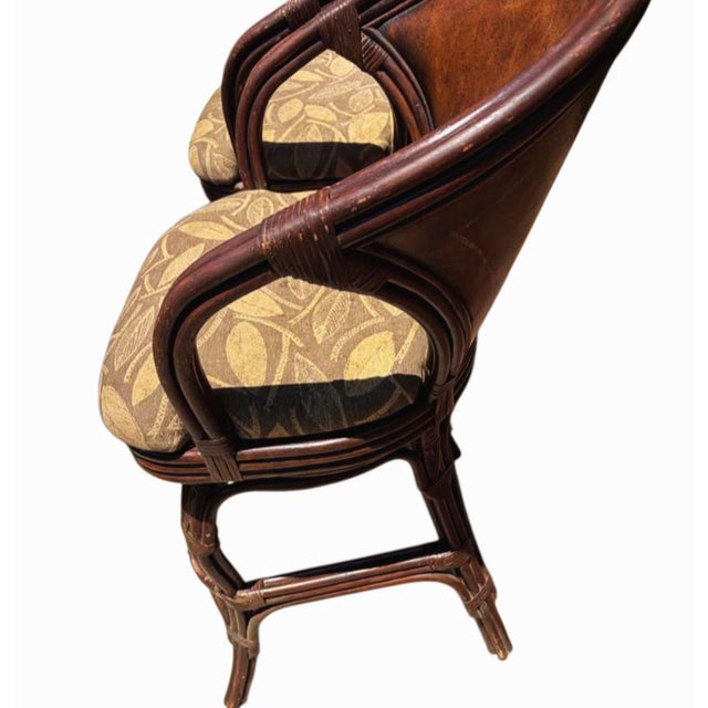 1970s 1970s Elevate Your Home Bar With This Set of 3 Premium Hooker Furniture Leather & Rattan Swivel Barstools! For Sale - Image 5 of 10