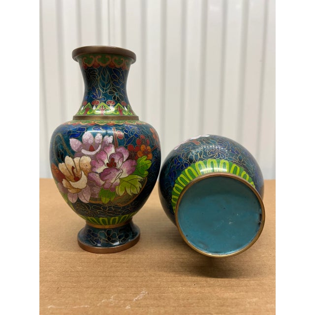 Mid 20th Century Mid 20th Century Vintage Chinese Cloisonne Floral Decorated Vases- a Pair For Sale - Image 5 of 7