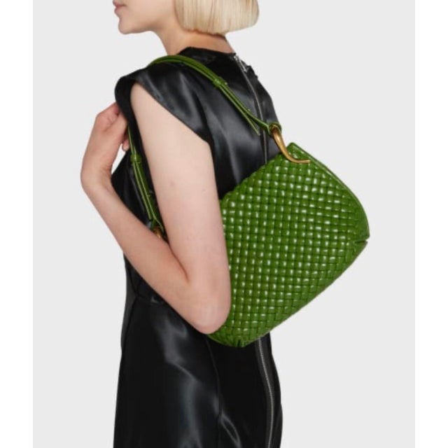 2024 Bottega Veneta Pipe Shoulder Hobo Bag Medium Avacado Green Gold Lambskin Leather Intrecciato For Sale - Image 11 of 12
