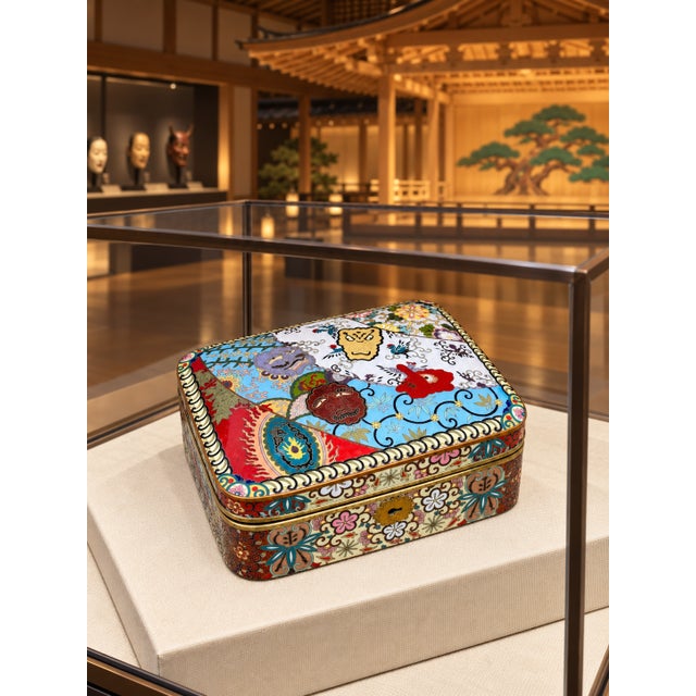 Rare Large Japanese Cloisonne Enamel Theatrical Mythical Mask Box Meiji For Sale - Image 13 of 13
