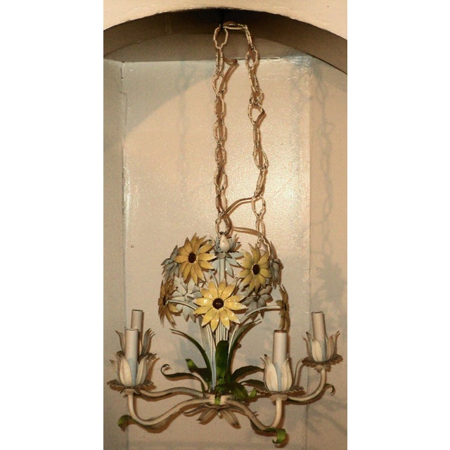 Vintage French Italian Tole Metal Painted Daisy Chandelier For Sale - Image 4 of 9
