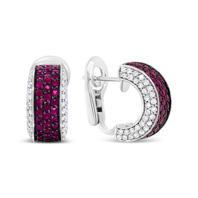 18K White Gold and Black Rhodium Plated 3/4 Cttw Round Diamonds and 1mm Round Red Ruby Huggie Hoop Earrings, A Pair For Sale - Image 4 of 7