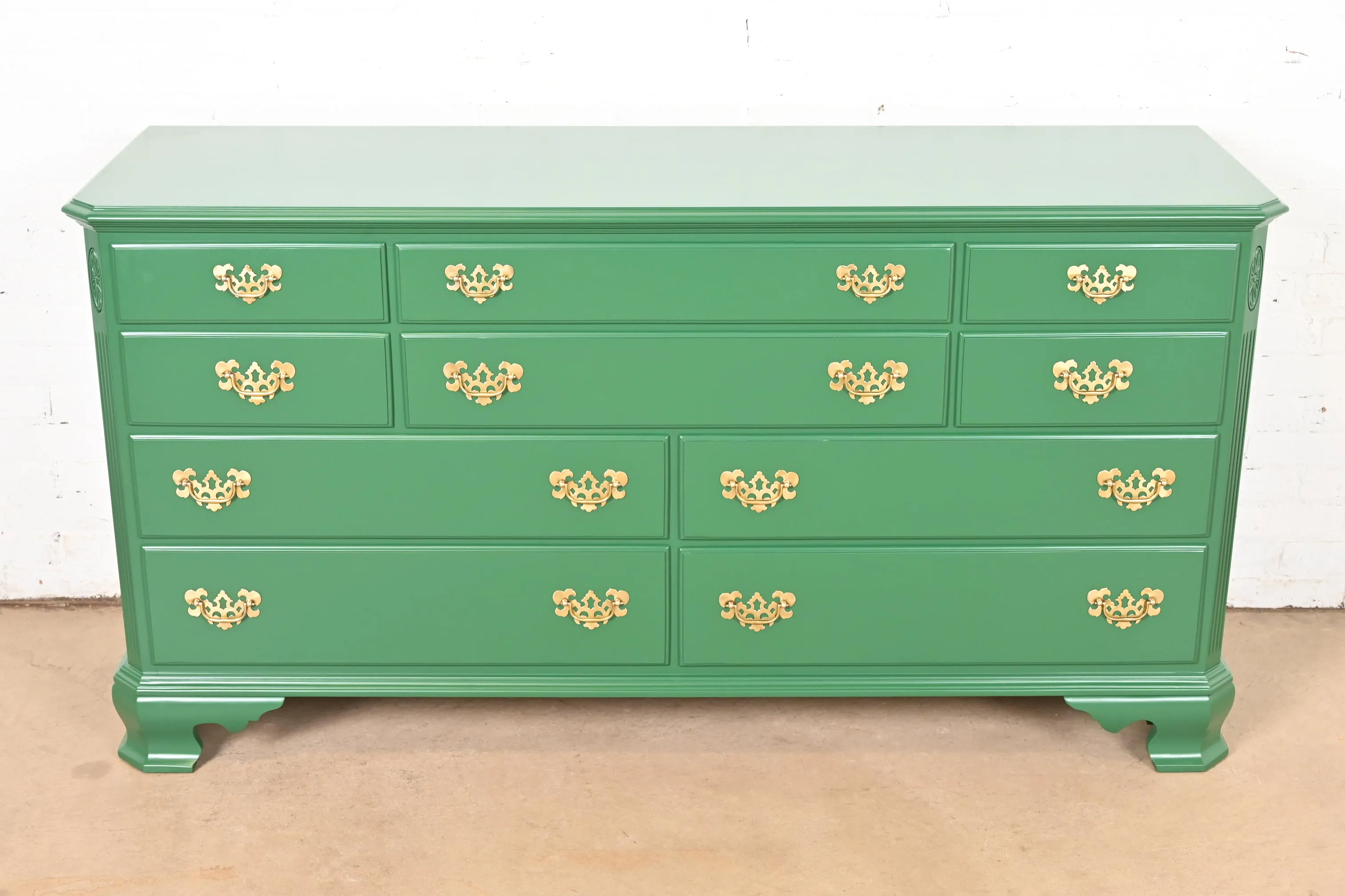 Ethan Allen Georgian Green Lacquered Dresser or Credenza, Newly