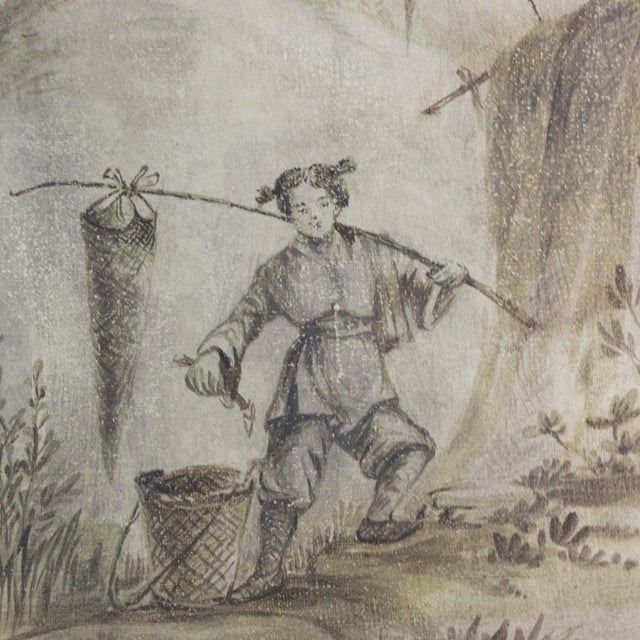 A Retro Chinoiserie-Style Gray-Toned Decorative Mural (Four-Panel Painting) For Sale - Image 9 of 14