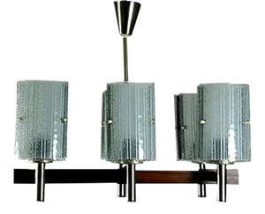 Vintage Italian Teak and Glass 6-Arm Chandelier, 1970s
