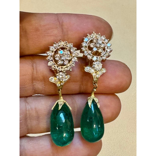 GIA Certified 28 Ct Emerald Cabochon & Diamond Drops Hanging Earrings 14 KYG For Sale - Image 9 of 18