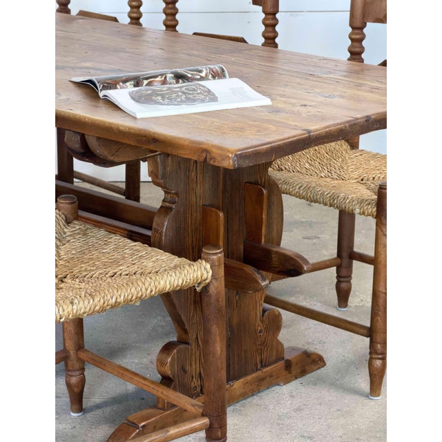 Brown Mid-Century Scandinavian Modern Rustic Pine Trestle Dining Table, 1940s For Sale - Image 8 of 11