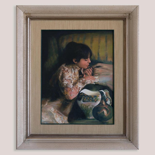 Unknown, Young Woman in a Fine Spanish Lace Embroidered Blouse, 1970s, Oil on Canvas For Sale - Image 3 of 9