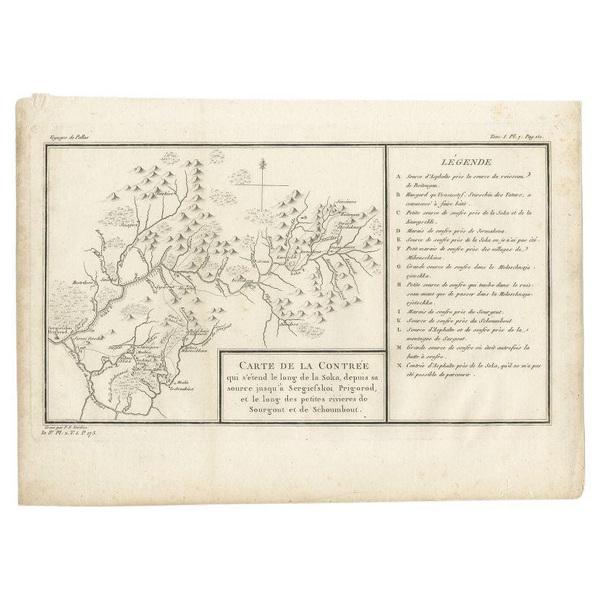 Antique map titled 'Carte de la Contrée qui s’étend le long de la Soka, depuis sa source jusquá Sergiefskoi Prigorod et le...