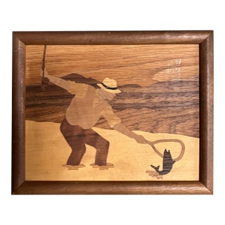 1970’s Original Fisherman Inlaid Wood Plaque Framed For Sale