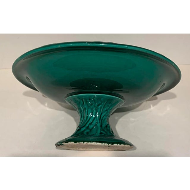 Vintage rare majolica ceramic serving dish on pedestal. Grape design in green glaze.