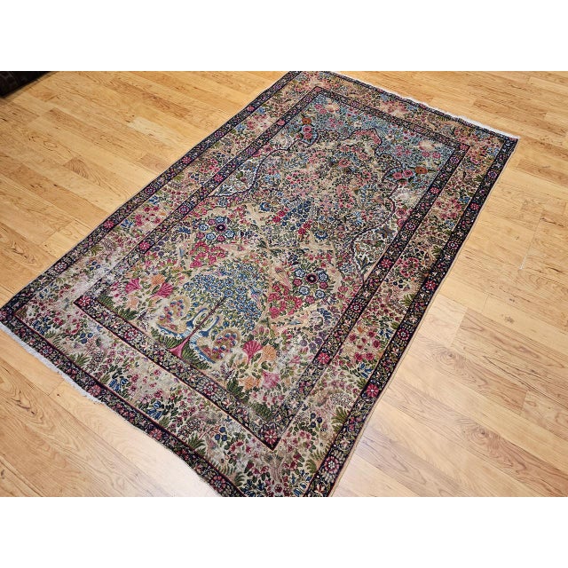 Antique Persian Kerman Lavar Rug, Hand-Knotted Wool, Tree of Life Pattern, Ivory & Turquoise, 5x8 For Sale In Chicago - Image 6 of 14