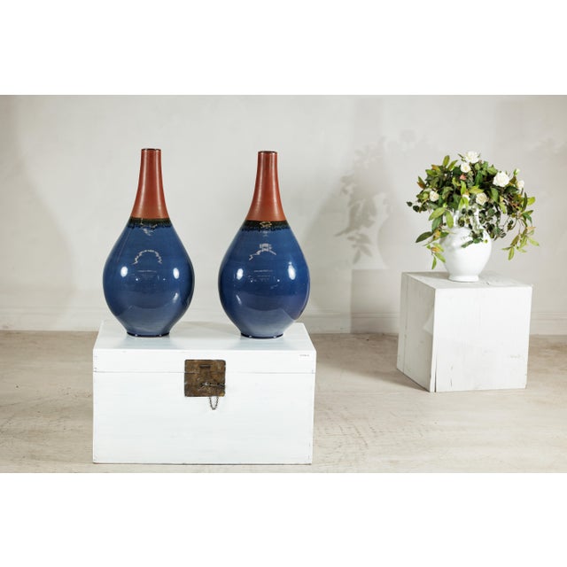 Large Artisan Teardrop Ceramic Vases in Deep Blue and Terracotta Glaze - A Pair For Sale - Image 16 of 18