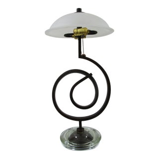 1990s Curled Iron Thick Glass Base Dual Table Lamp With Alabaster Shade For Sale