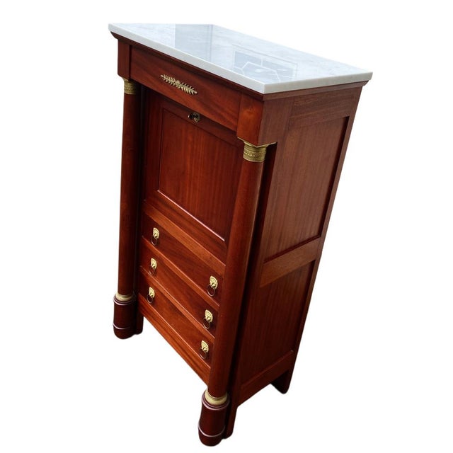 Empire-Style Secretaire in Mahogany with White Marble Top, 1950s For Sale - Image 4 of 9