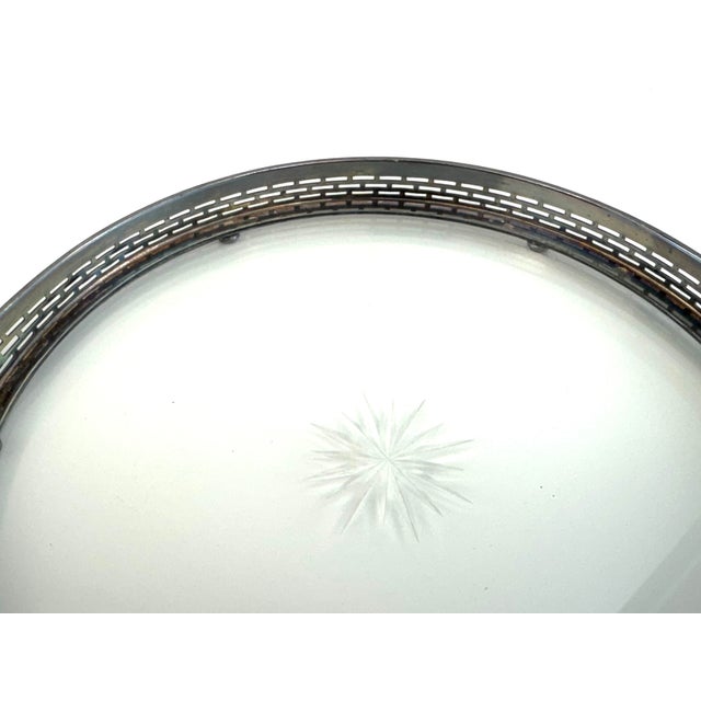 Metal Mid 20th Century Silverplate Gallery Tray With Cut Glass Starburst Design and Wood Handles For Sale - Image 7 of 8