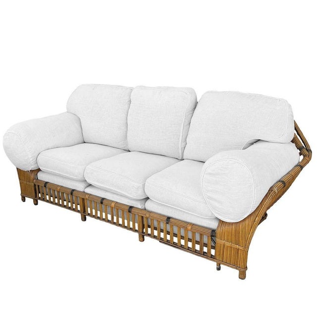 Wood 1980s Stick Reed Rattan Sofa & Chair Living Room Set W/ Overstuffed Cushions For Sale - Image 7 of 12