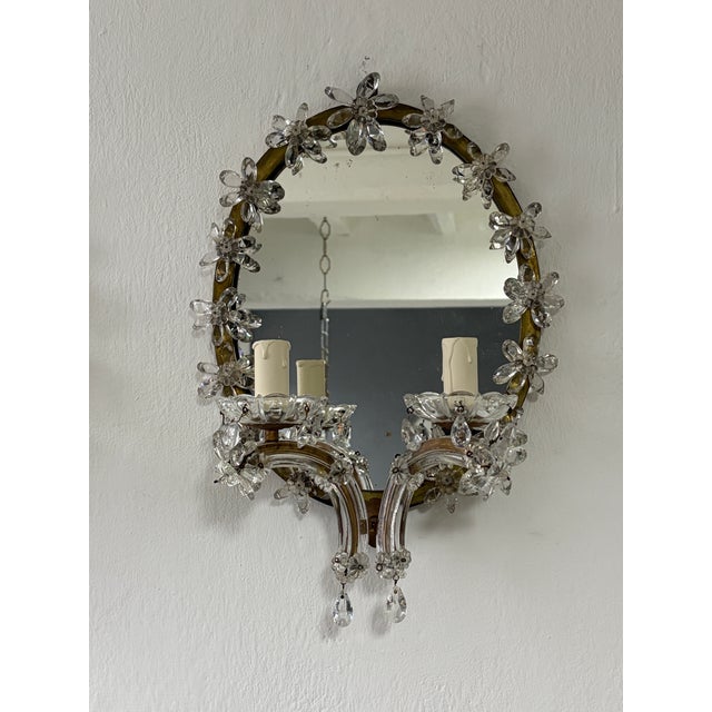 Metal French Maison Bagues Style Crystal Flower Mirror Sconces Murano Glass Prisms Old For Sale - Image 7 of 13