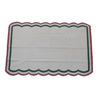 Handmade Cotton Scalloped Rug, Cream with Green and Raspberry Border - 9'x12' For Sale