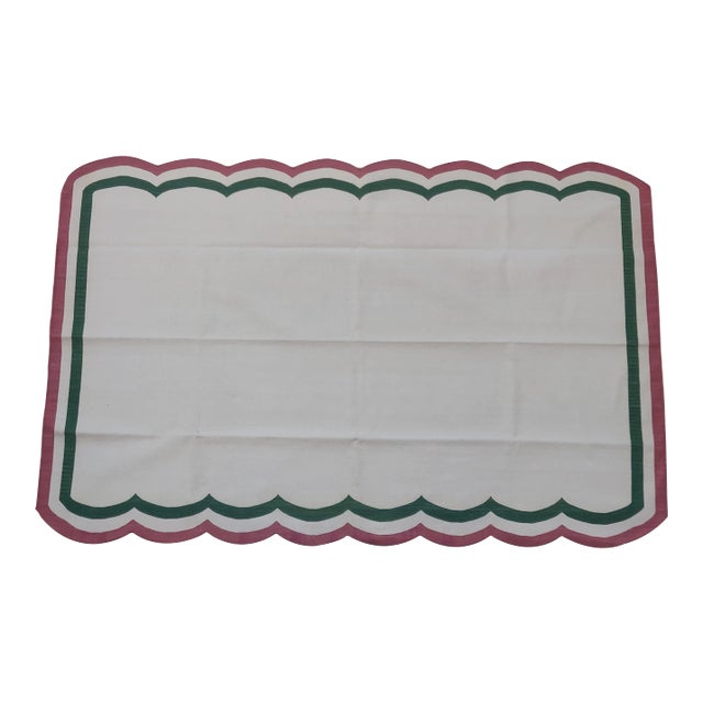 Handmade Cotton Scalloped Rug, Cream with Green and Raspberry Border - 9'x12' For Sale