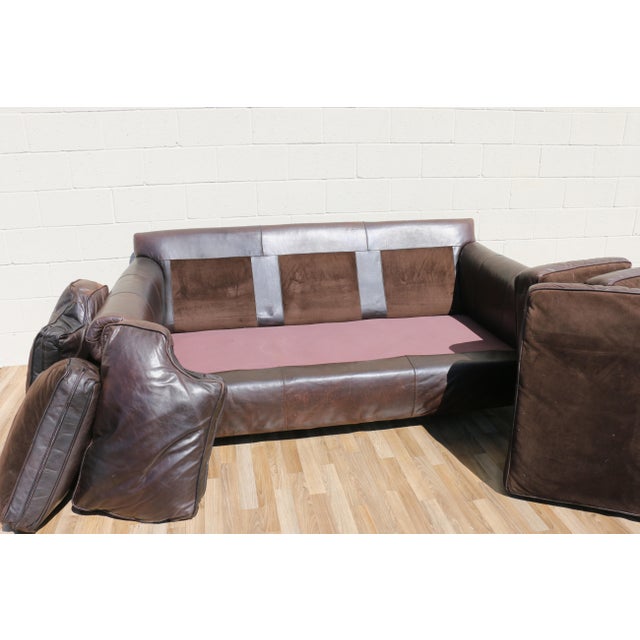 Restoration Hardware Brown Leather Three-Seat Sofa | Vintage Modern Down-Filled Cushions For Sale - Image 17 of 18