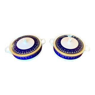 1980s Royal Worcester Imperial Bone China 22 Karat Raised Gold Blue Vegetable Tureens 2 Lids - 1 For Sale