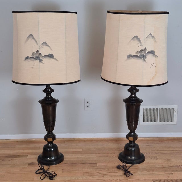 Mid-Century Modern Mid-20th Century Signed Japanese Oversized Etched Bronze Table Lamps W/ Original Hand Painted Shades, a Pair For Sale - Image 3 of 13
