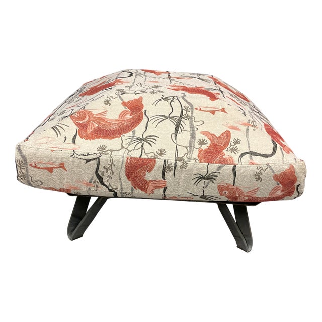 Pouf with Fish-Patterned Square Pillow and Iron Legs For Sale