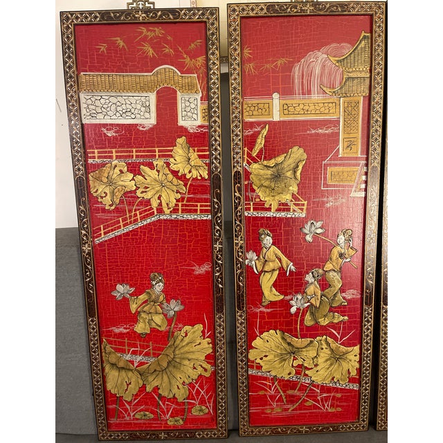 1960s Stunning Vintage Four-Panel Chinese Red Lacquer Wall Art – Summer Lotus Harvest Theme For Sale - Image 5 of 6