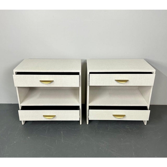 Ivory Pair Custom Linen Wrapped Open Commodes, Chests, Nightstands, White, American For Sale - Image 8 of 18