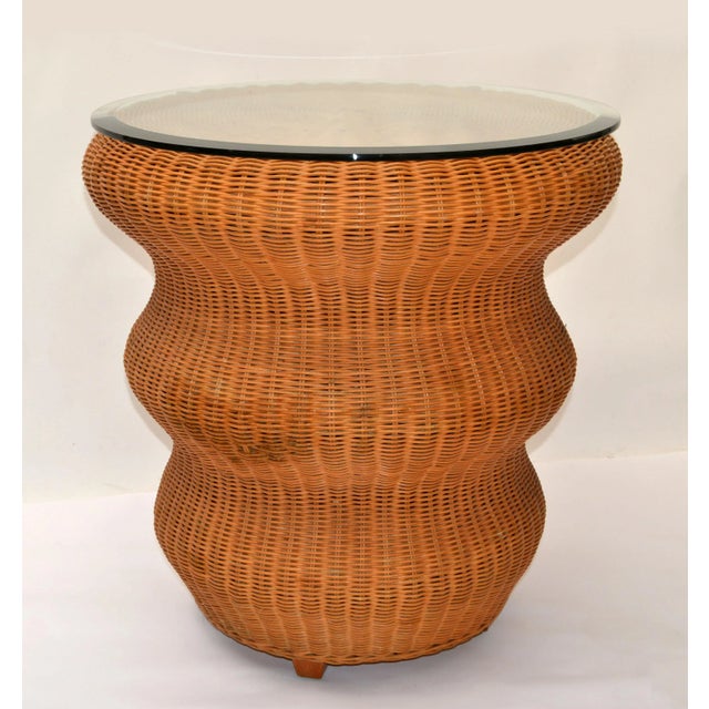 Vintage Bohemian Round Handwoven Rattan & Glass Mushroom Shaped Cocktail Table For Sale - Image 13 of 13