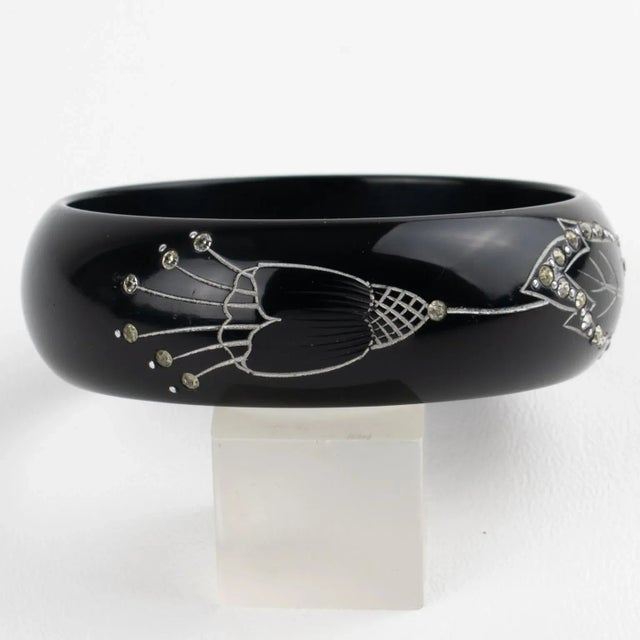 Black Art Deco Black Galalith Jeweled Bracelet Bangle With Carved Floral Design For Sale - Image 8 of 10