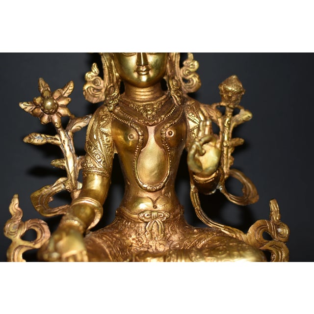 Metal Gilt Bronze Tibetan Green Tara Statue For Sale - Image 7 of 13